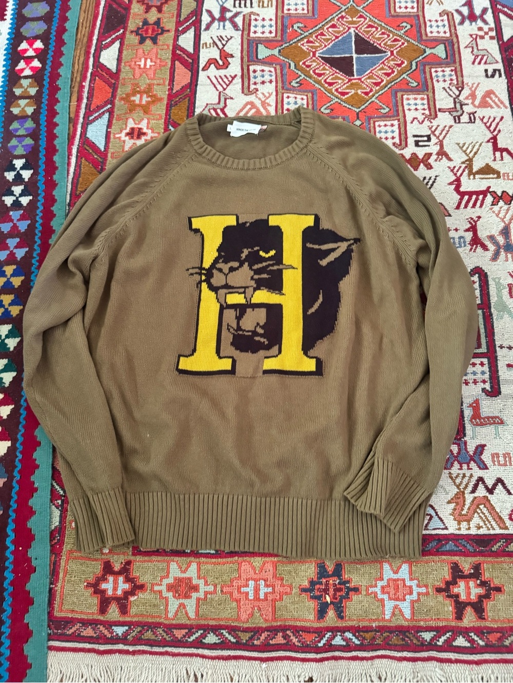 Men's Tan Crewneck Sweater with Yellow 'H' Panther Graphic